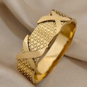 Luxury Modern Stainless Gold Plated Steel Bracelet Thick Wide Chunky Bracelet